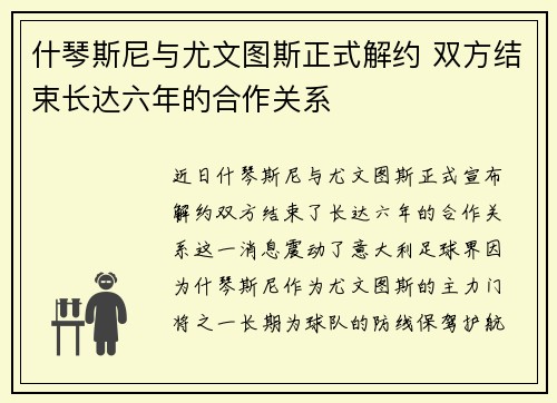 什琴斯尼与尤文图斯正式解约 双方结束长达六年的合作关系